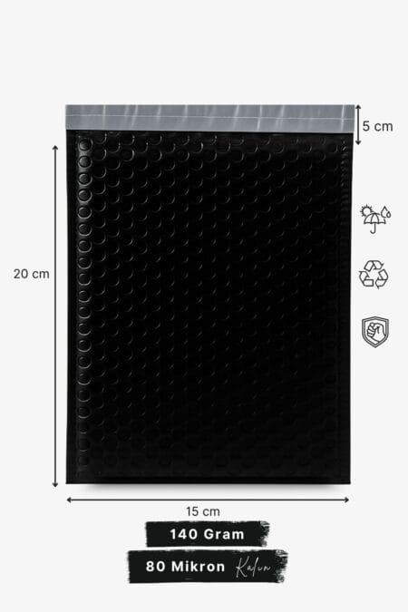 Balonlu Kargo Poşeti 15x20+5 cm | Siyah | 140 gr | Bantlı Patpatlı Kargo Poşeti